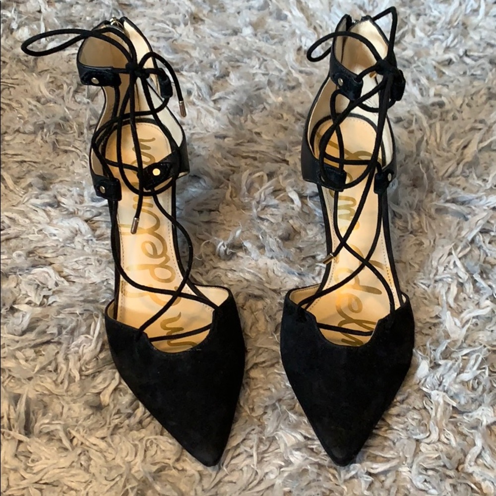 black lace up and zip up heels